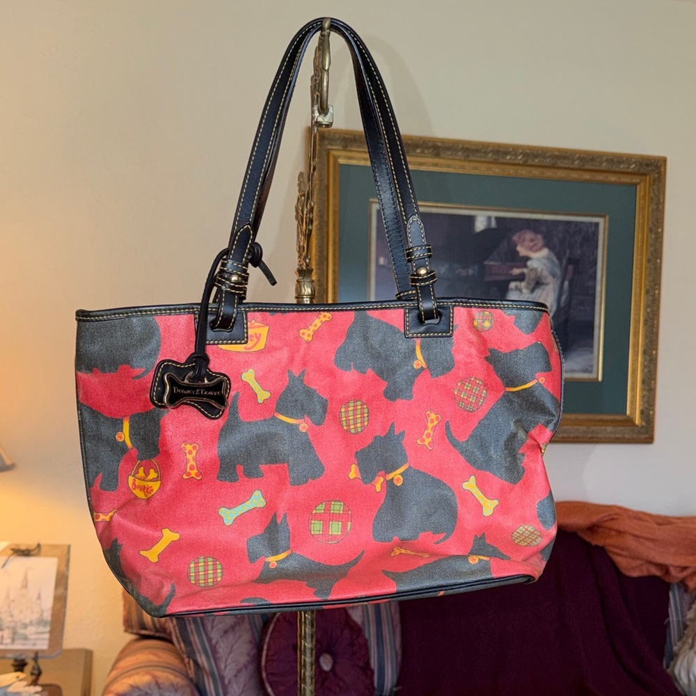 Dooney & Bourke Red and Black Tote with Dog Print